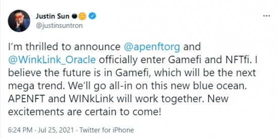 APENFT基金会与WINkLink或于今年下半年联合推出Gamefi新产品